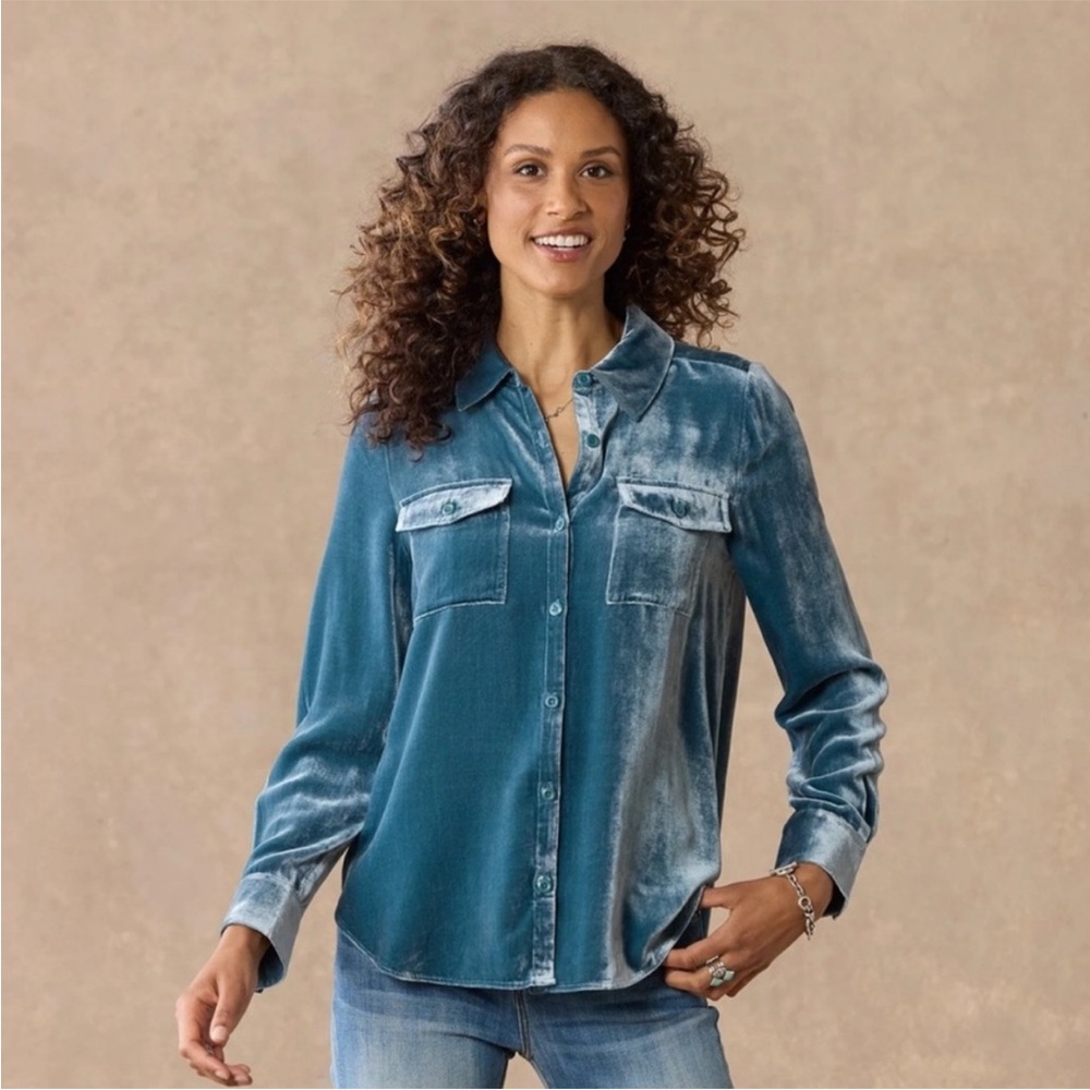 Sundance Juliana Velvet Button Down Shirt Blue Size Small